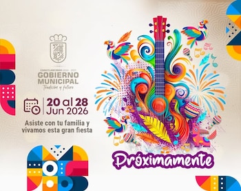Logo del Gobierno Municipal de Cuautlancingo, fechas 20 al 28 de junio de 2026, ilustración colorida de guitarra, pájaros, maracas, piñata y fuegos artificiales