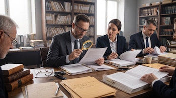 Personas con traje formal sentadas ante una mesa con carpetas, libros abiertos, expedientes y una lupa en una sala con estanterías.