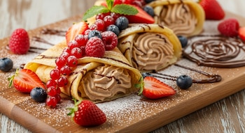 Tres crepas rellenas de crema de avellanas, decoradas con una ramita de grosellas rojas, fresas, arándanos y frambuesas, sobre una tabla de madera.