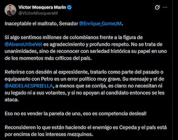 El abogado Víctor Mosquera Marín, representante de la familia Uribe Turbay, criticó duramente las declaraciones de Gómez y calificó su comentario como un error político grave - crédito Victor Mosquera/X