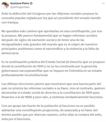 Petro aseguró que Colombia no está lista para una constituyente debido al respaldo que, según él, existe hacia sectores que buscan desmontar la Constitución de 1991. - crédito @petrogustavo/X