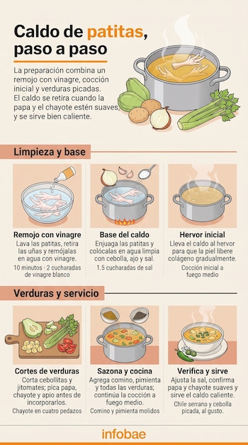 Infografía con seis ilustraciones que muestran recipientes con patitas de pollo, verduras picadas, ollas al fuego y un plato hondo servido.