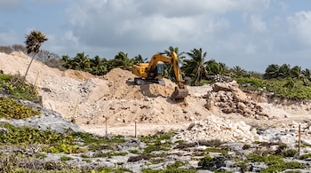 Una excavadora amarilla sobre montículos de tierra y rocas. Alrededor hay vegetación, palmeras y el cielo con nubes.