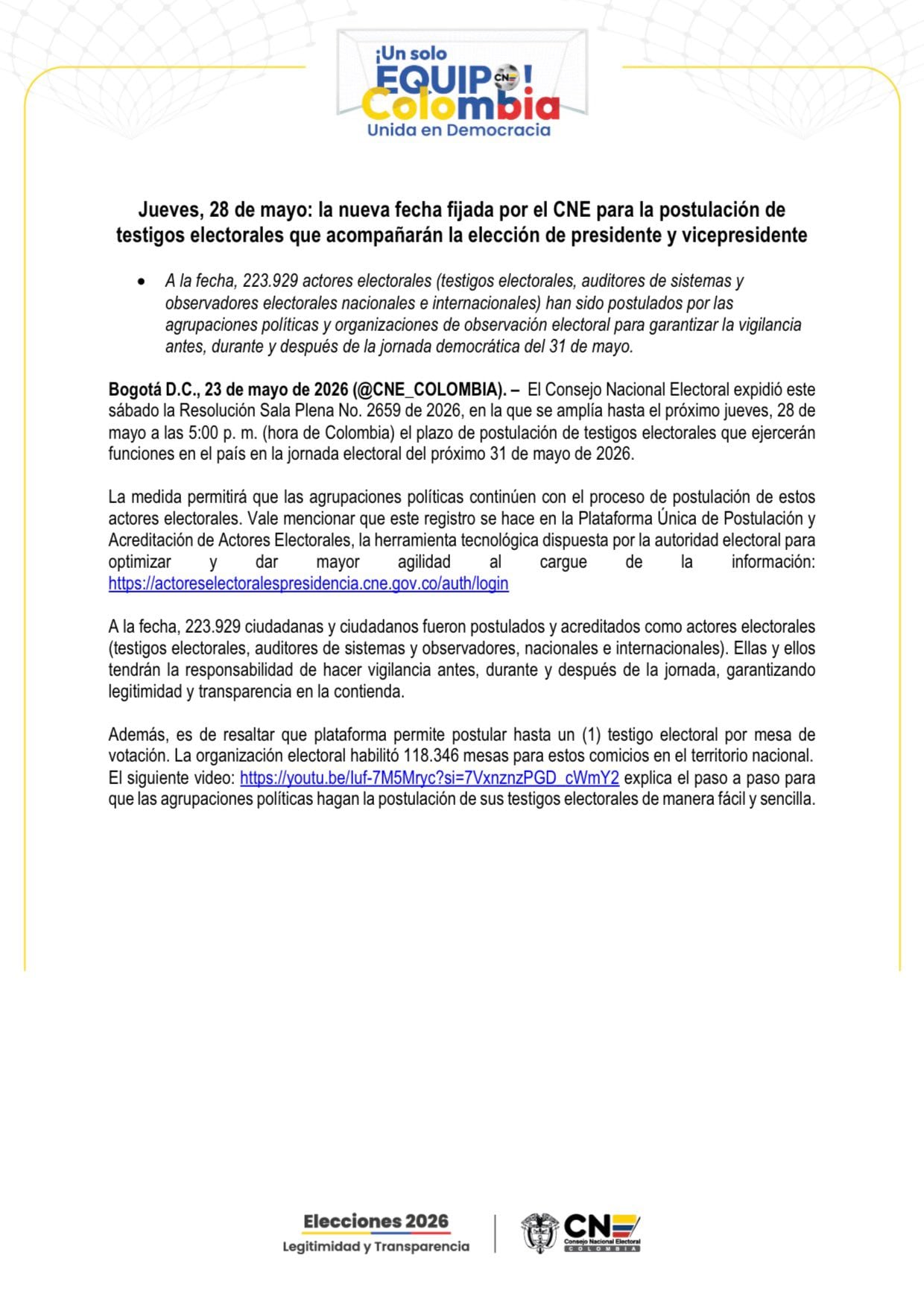 El proceso de inscripción se realiza en la Plataforma Única del CNE - crédito CNE