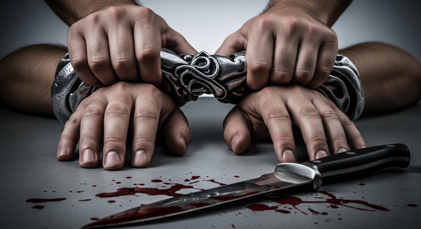 Manos masculinas son sujetadas por otras manos, mientras un grillete metálico inmoviliza sus muñecas cerca de un cuchillo con sangre sobre una superficie. (Imagen Ilustrativa Infobae)