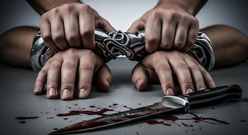 Dos manos masculinas inmovilizadas por otras manos, con un objeto metálico ornamental en las muñecas, junto a un cuchillo y gotas de sangre en una superficie gris.