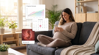 Mujer embarazada sentada en un sofá, mirando sonriente su smartphone con apps de seguimiento de embarazo que muestran gráficos, un calendario de noviembre y un modelo 3D de un feto.
