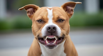 Primer plano de un perro tipo pit bull de color marrón y blanco con la boca abierta mostrando sus dientes, mirando fijamente al frente.