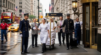 Trabajadores de hoteles en uniforme frente a un edificio con puerta giratoria y farol. Se ven taxis y un autobús de dos pisos en la calle de Nueva York.