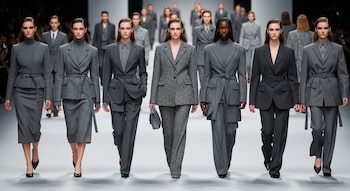 Siete modelos femeninas desfilan en una pasarela, vestidas con trajes de sastrería en distintos tonos de gris, incluyendo faldas, pantalones y chaquetas.