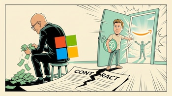 Caricatura: Un hombre calvo con traje cuenta billetes junto al logo de Microsoft y un contrato roto. Otro joven abre una puerta con el logo de OpenAI hacia Amazon.