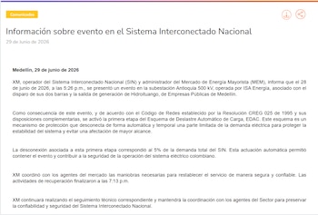 La activación automática del Esquema de Deslastre de Carga desconectó el 5 % de la demanda eléctrica nacional para preservar la estabilidad del sistema - crédito XM