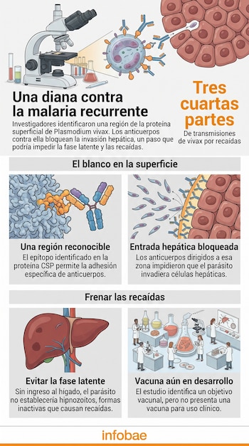 Infografía ilustrada sobre la malaria con dibujos de un microscopio, anticuerpos, parásitos, un hígado humano y científicos en un laboratorio.