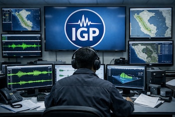 Vista trasera de un operador con auriculares en una sala de monitoreo sísmico del IGP, rodeado de pantallas con mapas de Perú y gráficos de ondas sísmicas.