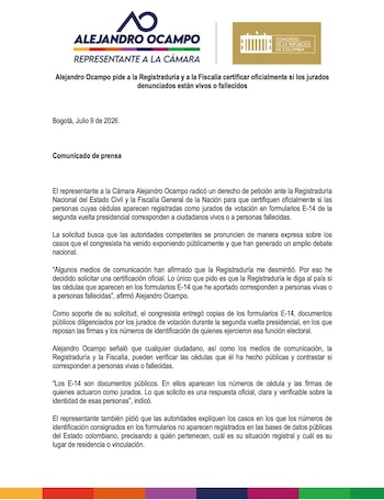 Solicitud de Alejandro Ocampo busca aclarar identidad de jurados en formularios E-14 presidenciales - crédito @alejoocampog/X