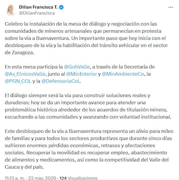 Dilian Francisca Toro vinculó el inicio de la negociación con la reapertura del corredor hacia el puerto y enfatizó que el proceso arrancó con medidas inmediatas en el terreno - crédito @DilianFrancisca/X