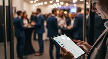 Primer plano de una persona revisando una lista de nombres en una tablet con las manos. Al fondo, personas vestidas de traje interactúan en un evento.