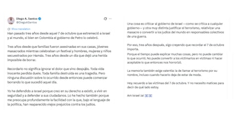 Diego Santos habló sobre la masacre del 7 de octubre con un reflexión sobre las víctimas y el creciente antisemitismo - crédito