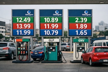 Tres paneles electrónicos grandes exhiben precios, debajo surtidores de gasolina, GLP y GNV, y vehículos estacionados en una estación.