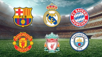 escudos Barcelona, Real Madrid, Bayern Múnich, Manchester United, Liverpool y Manchester City