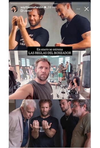 Collage de tres fotografías de hombres en el set de filmación de una serie. Un texto indica 'En enero se estrena LAS REGLAS DEL BOXEADOR'