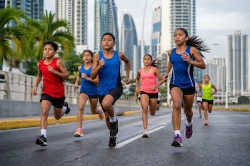 Un grupo de niños y niñas con ropa deportiva corre sobre el asfalto de una calle flanqueada por rascacielos.