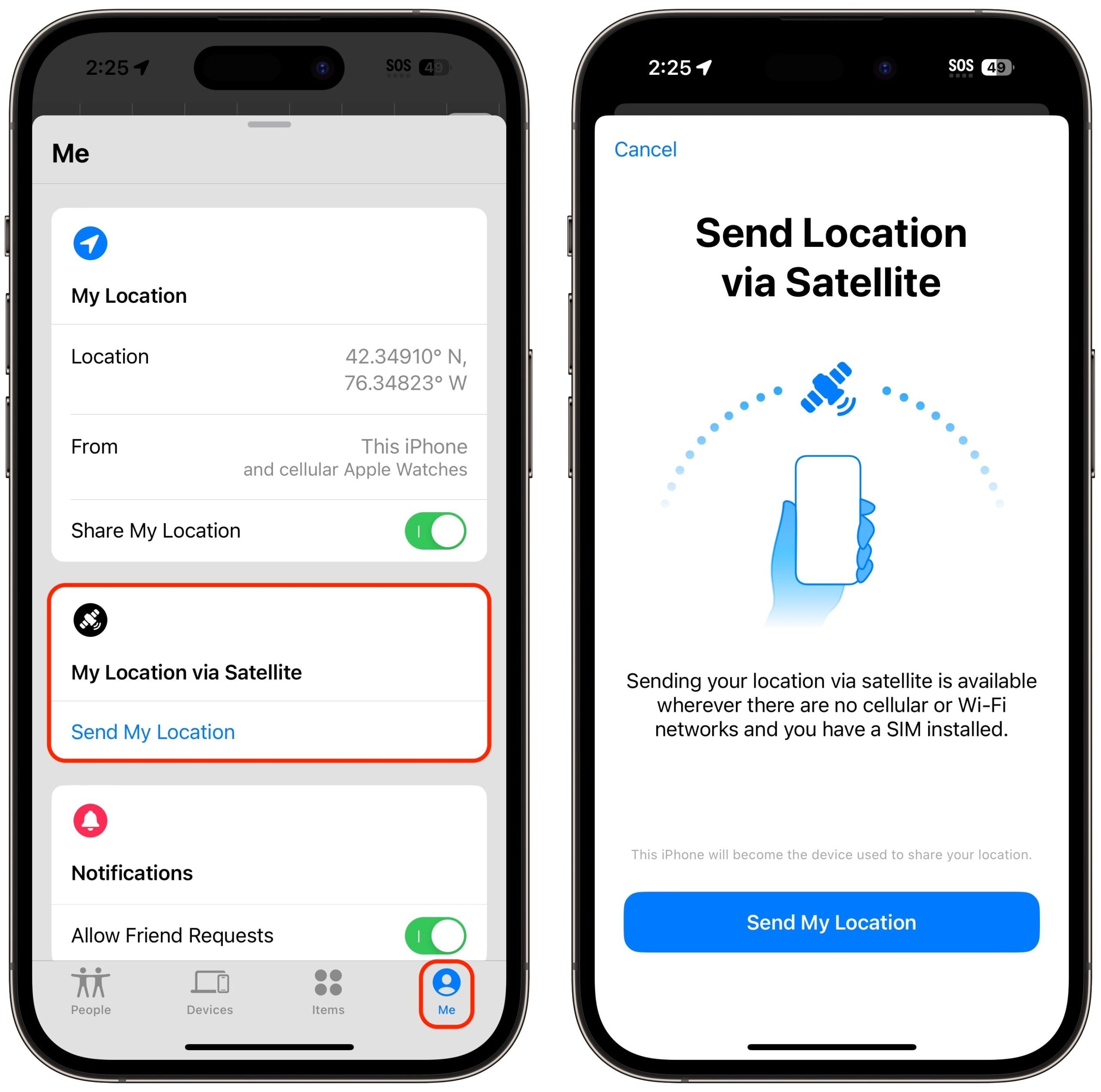 El iPhone 14 en adelante te permiten compartir tu ubicación así no tengas señal. (Apple)