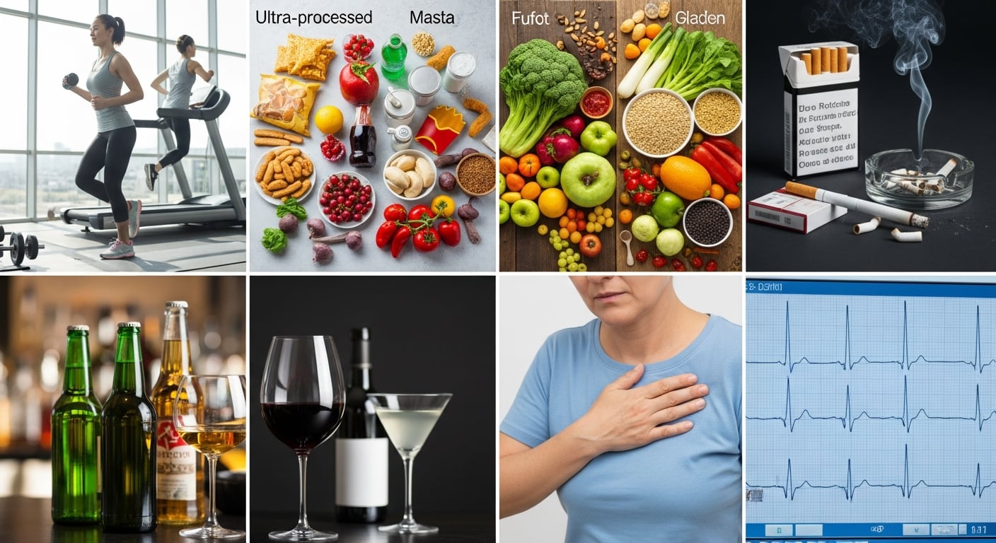 Composición visual que muestra ejercicio, alimentos, tabaco, alcohol y síntomas cardíacos para ilustrar riesgos y prevención de salud (Imagen Ilustrativa Infobae)