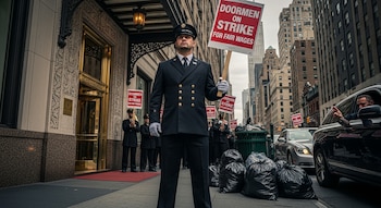 Un portero uniformado sostiene un cartel de protesta en una acera de la ciudad, con otros trabajadores en huelga y bolsas de basura al fondo, edificios urbanos y tráfico.
