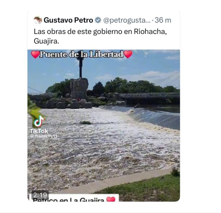 El presidente Gustavo Petro se atribuyó una obra que ni siquiera está en Colombia - crédito @petrogustavo/X