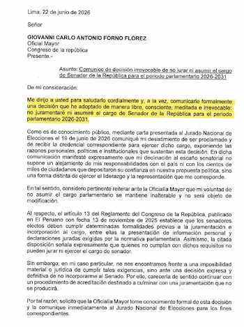 Documento de texto, carta fechada en Lima el 22 de junio de 2026, dirigida a Giovanni Carlo Antonio Forno Flórez sobre declinación de cargo de Senador
