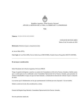 El texto del pedido del pase a retiro