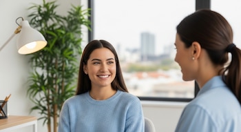Primer plano de una paciente sonriente con su psicóloga, ambas mujeres sentadas en un entorno de oficina luminoso con una planta y una ventana al fondo.