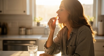 Vista lateral de una mujer con camisa gris, a punto de tomar una cápsula amarilla de vitamina D en una cocina. Un vaso de agua está sobre la mesa.