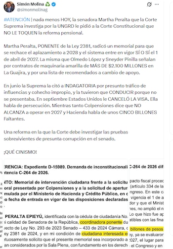Simón Molina tildó de cinica las petición de Peralta - crédito @simonmolinag/X