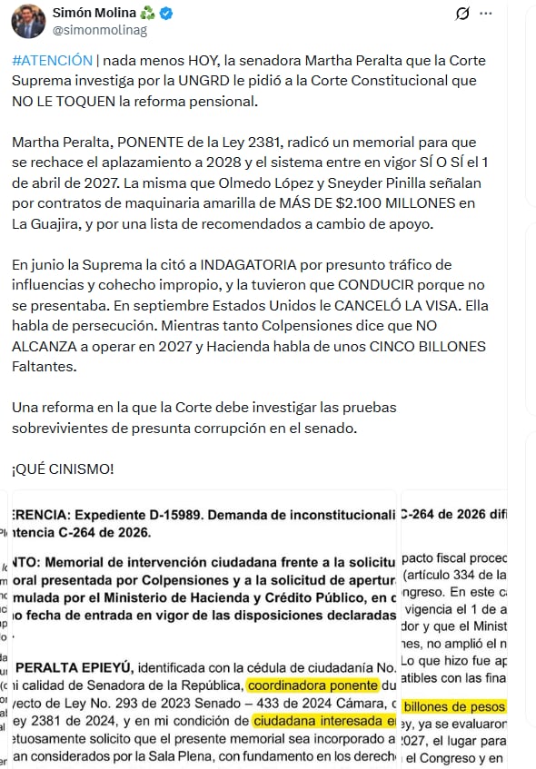 Simón Molina tildó de cinica las petición de Peralta - crédito @simonmolinag/X