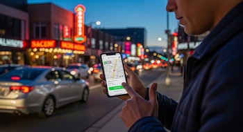 Manos sosteniendo un smartphone con una aplicación de transporte. Al fondo, una calle urbana iluminada al anochecer con coches y luces de neón.