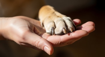 Una mano humana sostiene la pata de un perro de pelaje color beige y uñas oscuras, con el pulgar visible y un fondo oscuro y desenfocado.