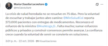 La presidenta ejecutiva de AmCham, María Claudia Lacouture, respaldó el plan de choque en salud implementado por el gobierno del presidente Abelardo de la Espriella - crédito @mclacouture/X