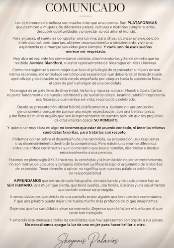 Comunicado publicado por Sheynnis Palacios, Miss Universo 2023, en el que repudió los comentarios racistas y discriminatorios contra Jasmine Blandford, representante de Nicaragua en el certamen.