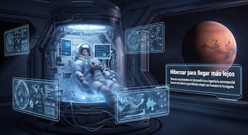 Astronauta en traje espacial dentro de un módulo de hibernación con pantallas holográficas y monitores, con el planeta Marte visible en el exterior.