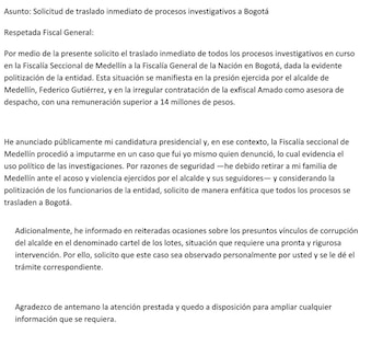 Carta de Daniel Quintero solicitando