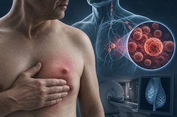Hombre que palpa su pecho junto a una ilustración del sistema linfático, un detalle celular ampliado y pantallas con estudios médicos.