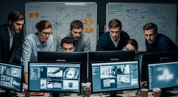 Grupo de especialistas revisa monitores de computadoras frente a pizarras llenas de notas y esquemas