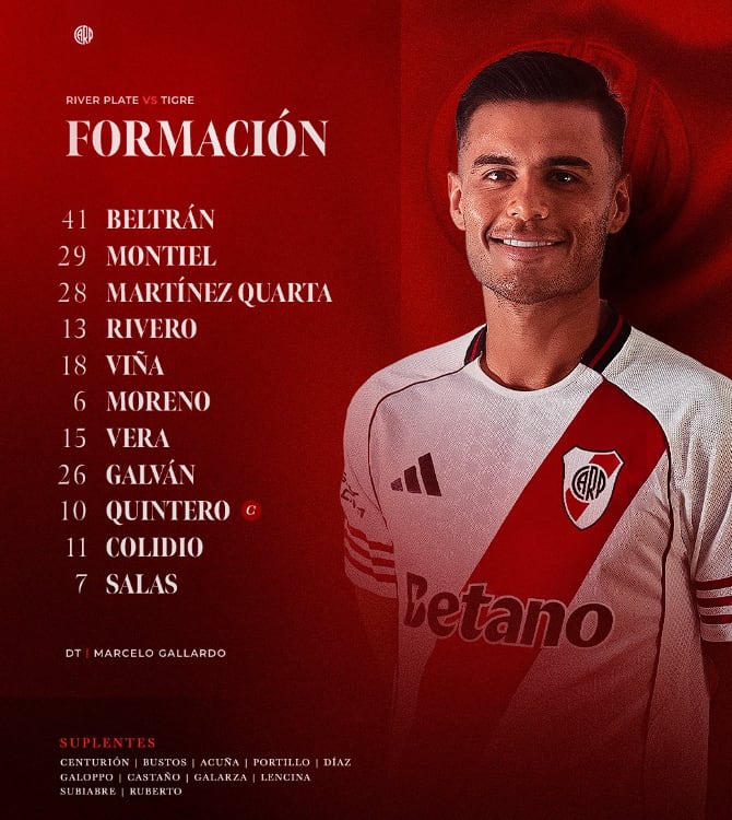 Así sale River Plate contra Tigre (Crédito: @RiverPlate/X)