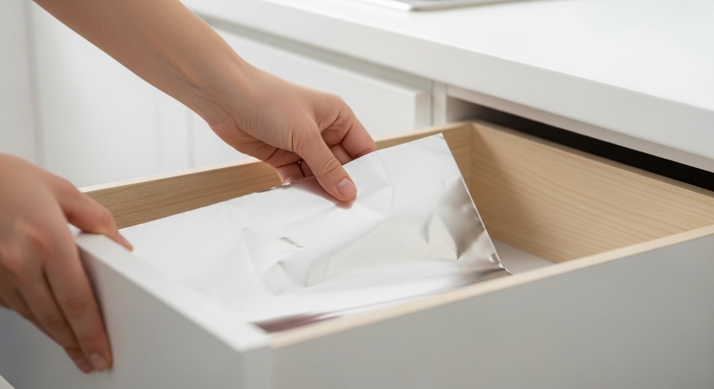 Unas manos colocan cuidadosamente una lámina de papel de aluminio brillante en la base de un cajón de cocina vacío de madera clara, parte de una tarea doméstica sencilla y organizada. (Imagen Ilustrativa Infobae)
