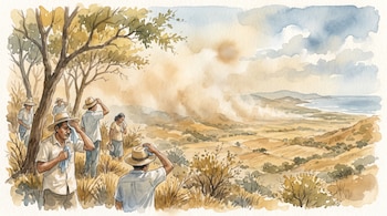 Ilustración de acuarela muestra personas bajo árboles en un paisaje seco con bruma ocre, sol velado y colinas. Se observa una franja costera al fondo.