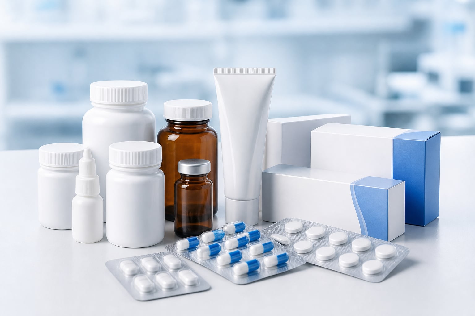 Diversos envases de medicamentos en frascos, cajas y blísteres representan la producción de los laboratorios farmacéuticos. (Imagen Ilustrativa Infobae)