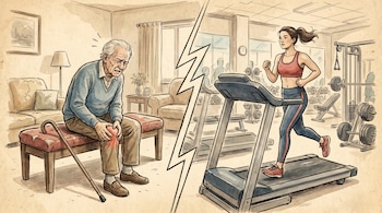 Ilustración que muestra a un anciano con dolor de rodilla en casa y a una joven corriendo en una cinta de gimnasio, divididas por un rayo.
