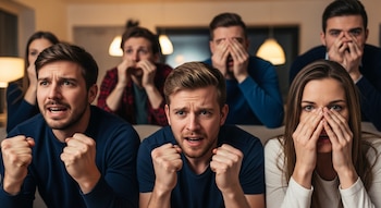 Seis personas observan algo con expresiones de ansiedad; dos hombres aprietan los puños y tres personas se tapan parte del rostro con las manos.